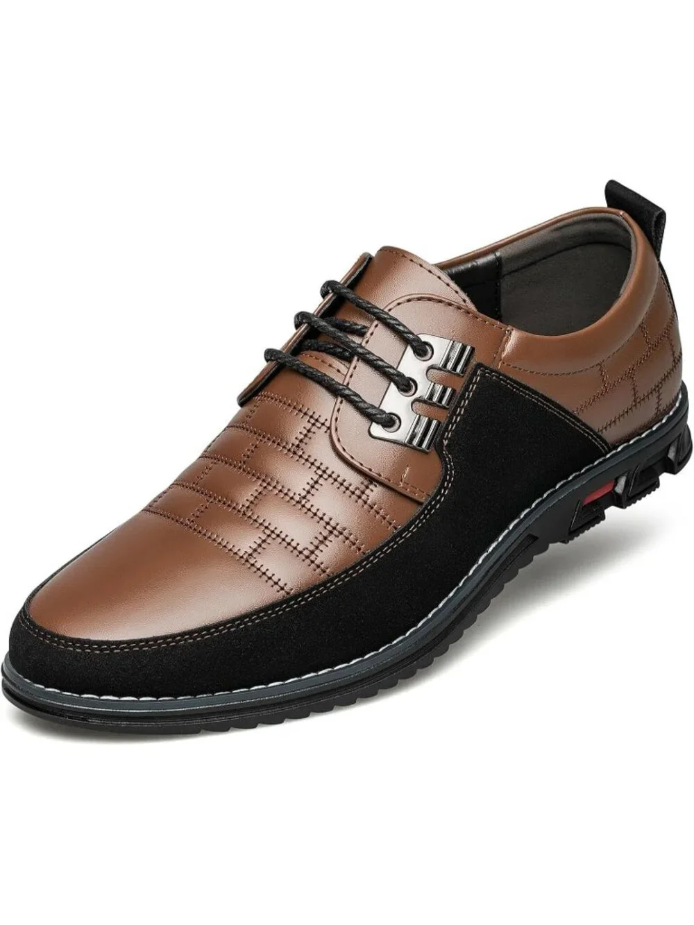 Mens Caramel Plaid Embossed Grid Leather Comfortable Hybrid Oxford Dress Sneaker